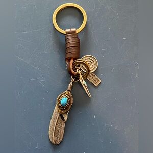 Turquoise Silver Feather Keychain Set